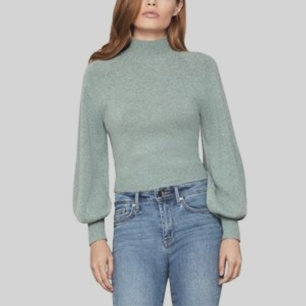 BCBGMAXAZRIA Merino Wool Blend Mock Neck Balloon Sleeve Sweater Sage Green Small